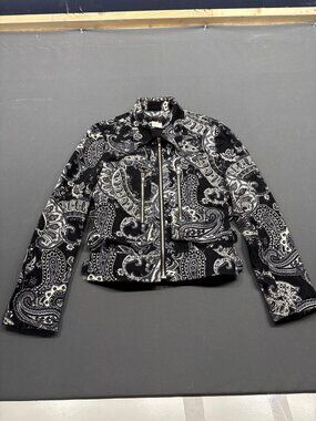 Simon Chang Paisley Print Zip-Up Moto Jacket Size 6 Black